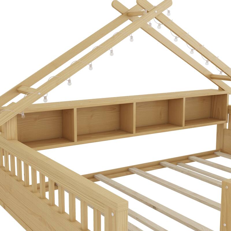 Twin/Full Floor Bed with Storage Bookshelves & Roof Shape for Kids