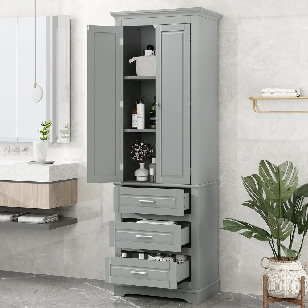 Wide Application Freestanding Storage Cabinet Tall Floor Cabinet with 3 Drawers, Adjustable Shelves and Anti-tipping Device