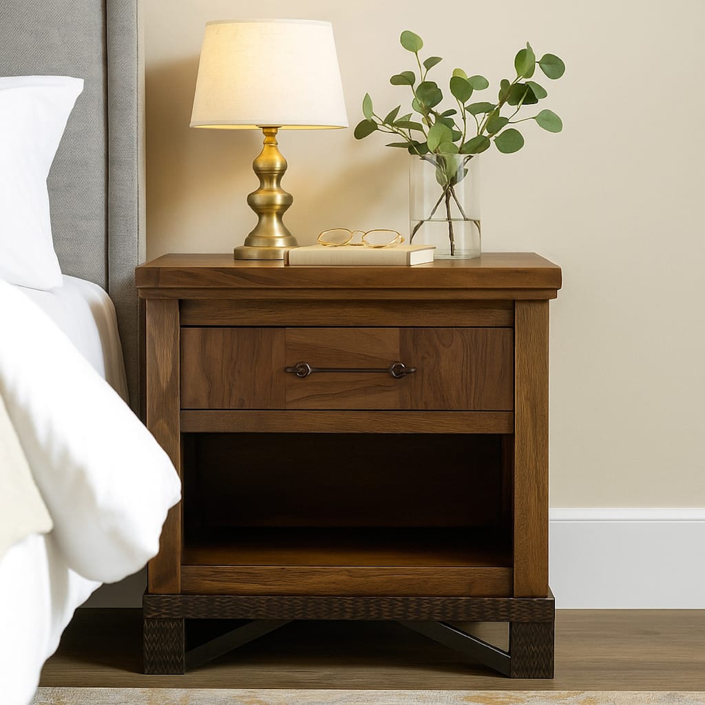 Ally Nightstand, 1 Drawer and Bottom Shelf, Walnut Brown Parota Wood