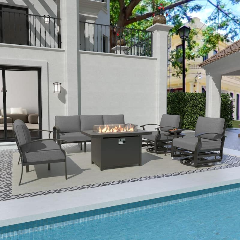 Aluminum Patio Furniture Set with FirePit Ottomans Swivel Chairs,Sectional Sofa with Thick Seat Cushions for Porch Garden