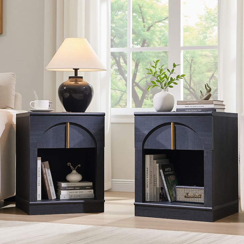 Modern Nightstand Set of 2, Bedside Table with Charging Station - Black