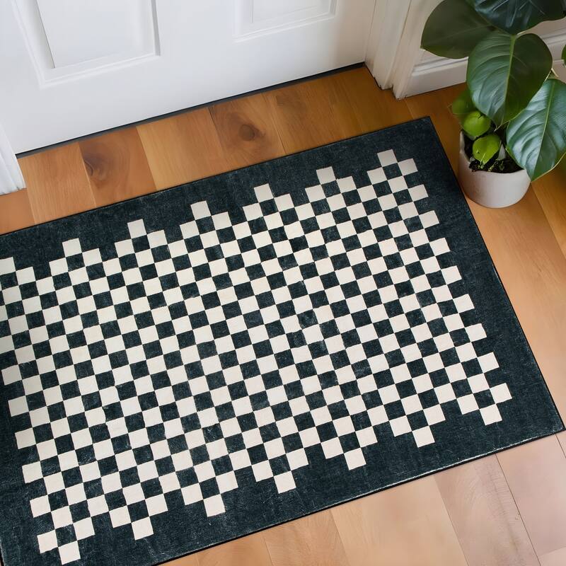 World Rug Gallery Contemporary Checkered Border Washable Non Slip Area Rug - 2'x4'