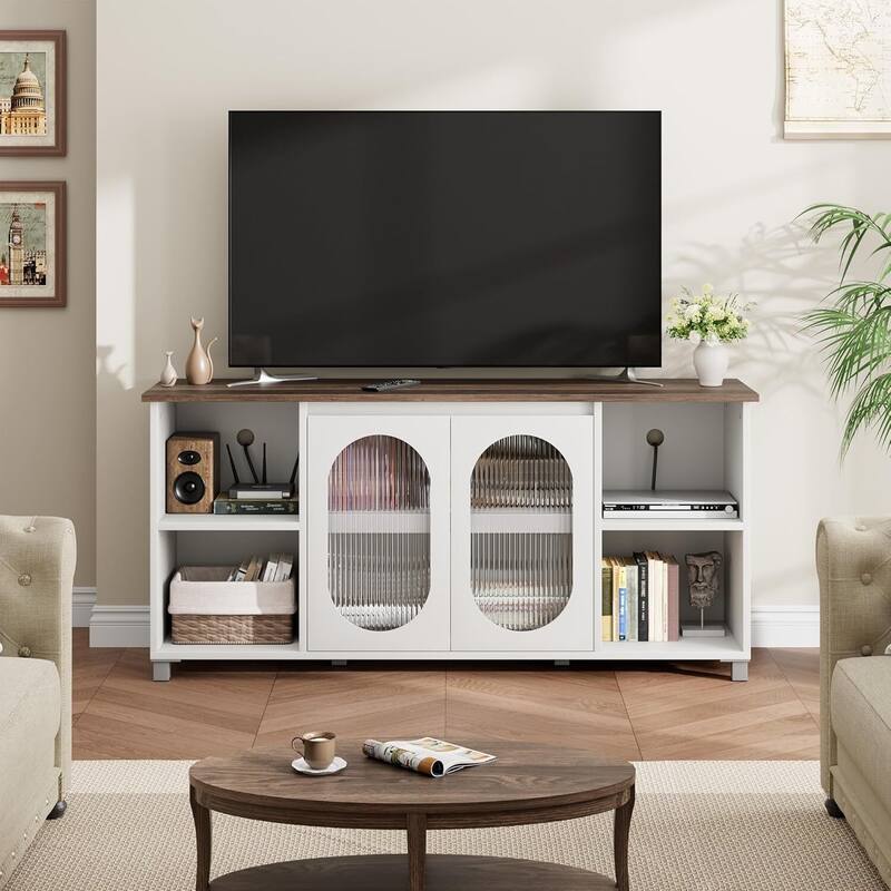 70 inch TV Stand with Frosted Glass Doors with Storage Shelves for Living Room - N/A