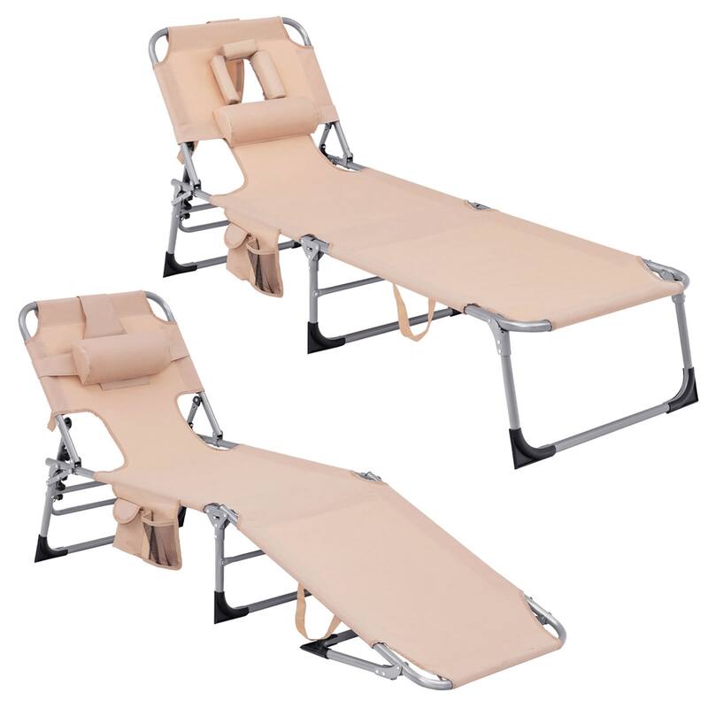 1/2PCS Outdoor Beach Chaise Lounge Folding Chair with Pillow Beige - 2 PCS