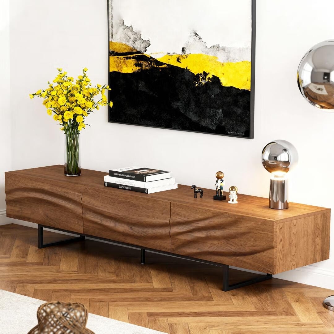 82.83 Inch Modern Wave-Textured Walnut TV Stand with Hidden Storage and Metal Legs, - 82.83"W x 17.32" D x 17.71"H