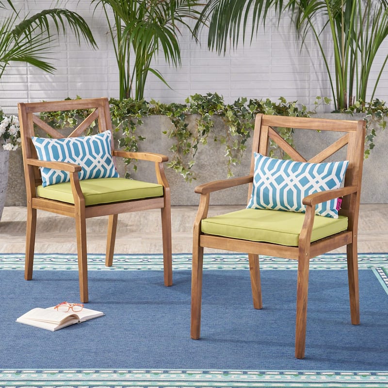 2pcs Dining Chair with with 2 Cushions for Backyard and Garden - Green and Teak