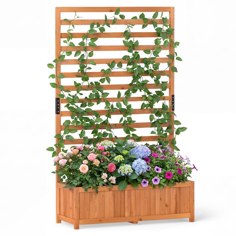 Gymax Wooden Raised Garden Bed w/ Vertical Trellis Liner Drainage - Orange