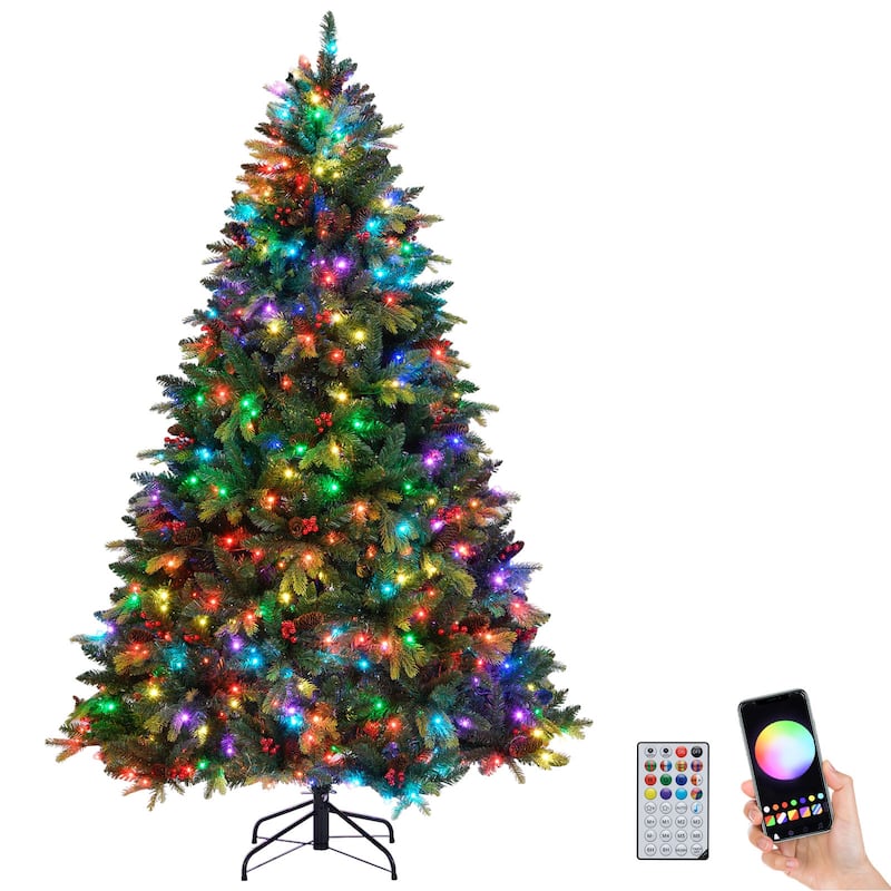 Costway 5/6/7/8 FT Artificial Christmas Tree with 250/370/500/650 RGB - Green - See Details - 7 Foot