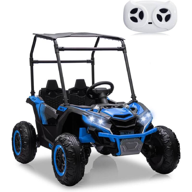 2 Seater Kids Ride on Car Off-Road UTV Toy with Sun Shade, Black - Blue