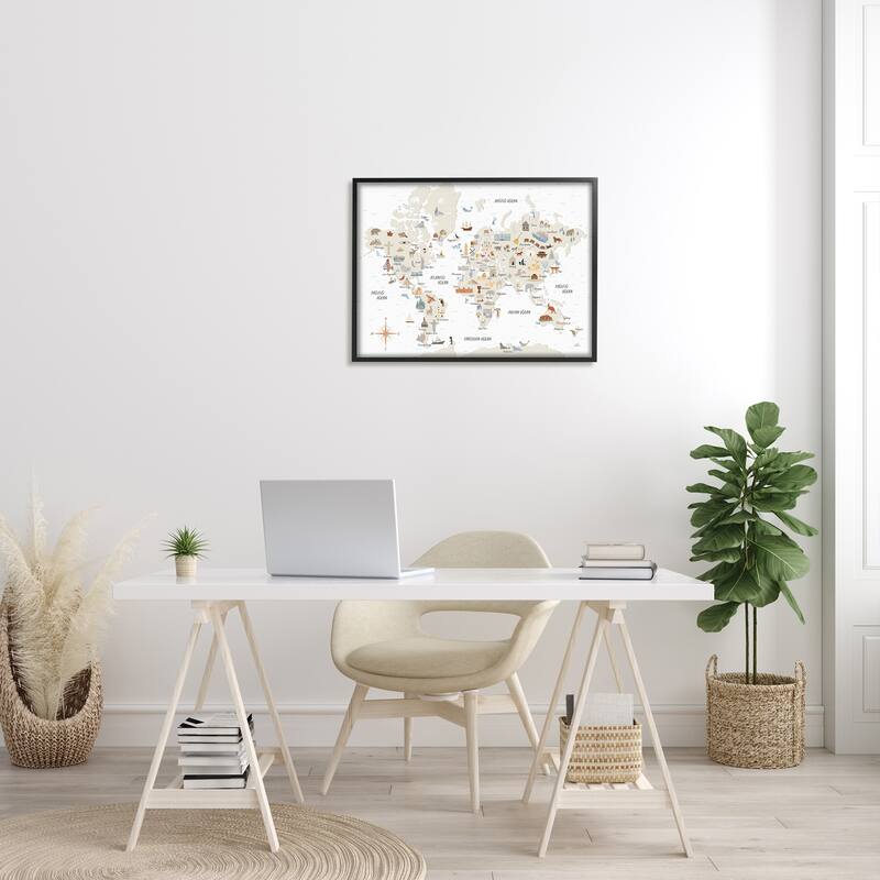 Stupell World Map of Destination Illustrations Soft Brown Tones Framed Wall Art
