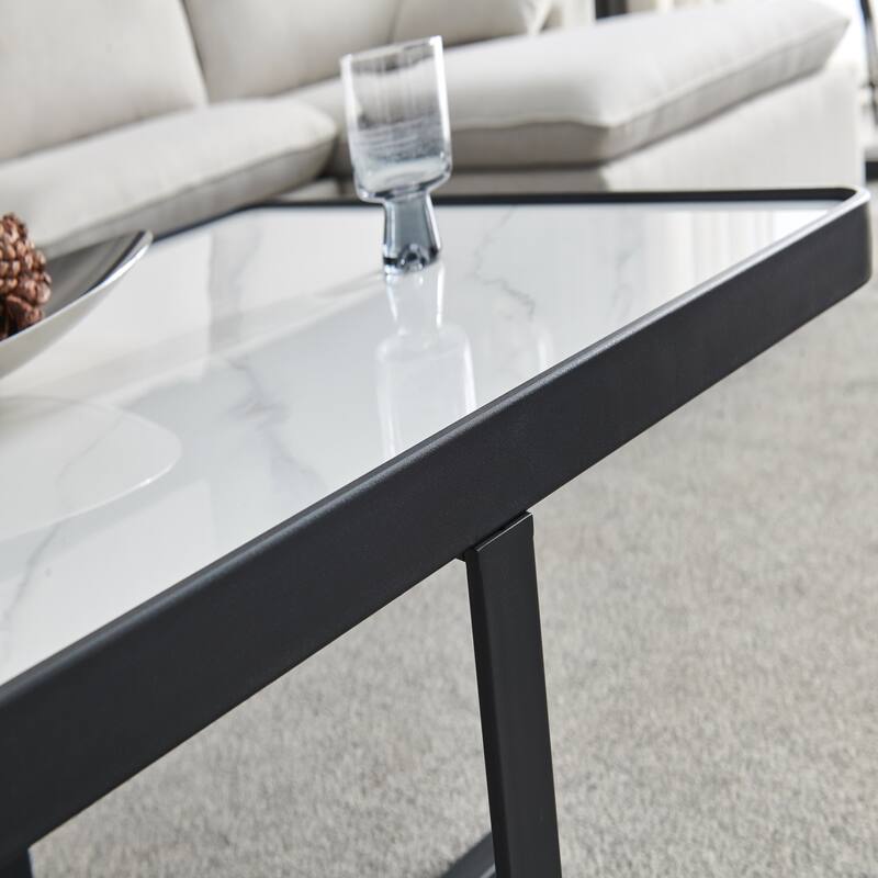 Minimalism Square Coffee Table,Black Metal Frame With Sintered Stone