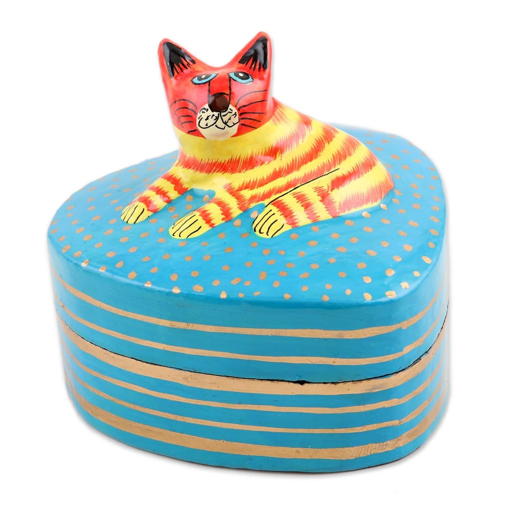 Novica Handmade Cat Love Decorative Papier Mache Box