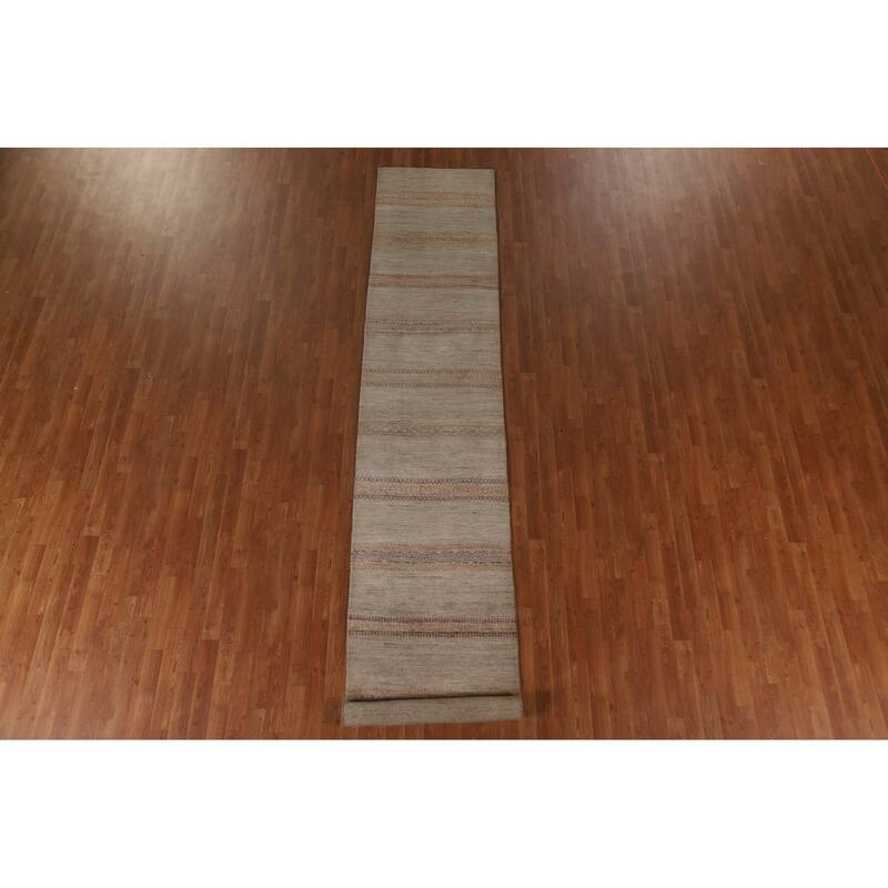 Hand Knotted Oriental 100% Wool Carpet Modern Stripe Greys & Charcoal Modern Runner Rug - 13' 3'' X 2' 7''