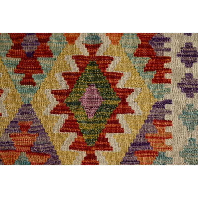 Reversible Geometric Kilim Area Rug Flatweave Wool Carpet - 8'9" x 11'3"