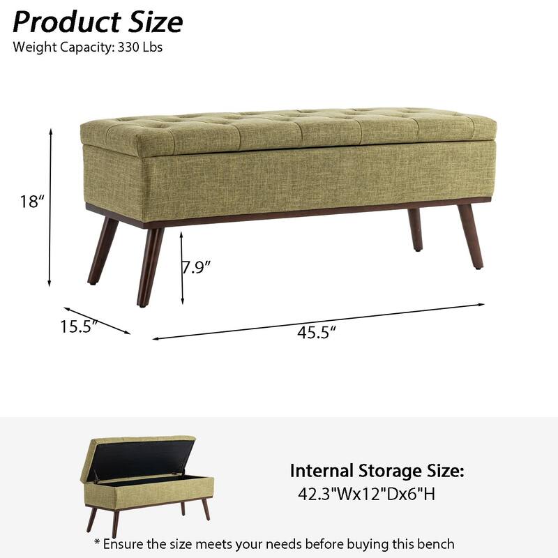 Linen Storage Ottoman Bench with Wood Legs, Upholstered Entryway Bench Tufted Mid Century Modern Ottoman Bedroom End of Bed