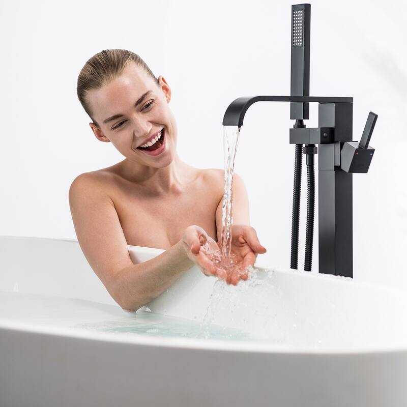 Waterfall Double Handles Freestanding Floor Mounted Tub Faucet With Hand Shower