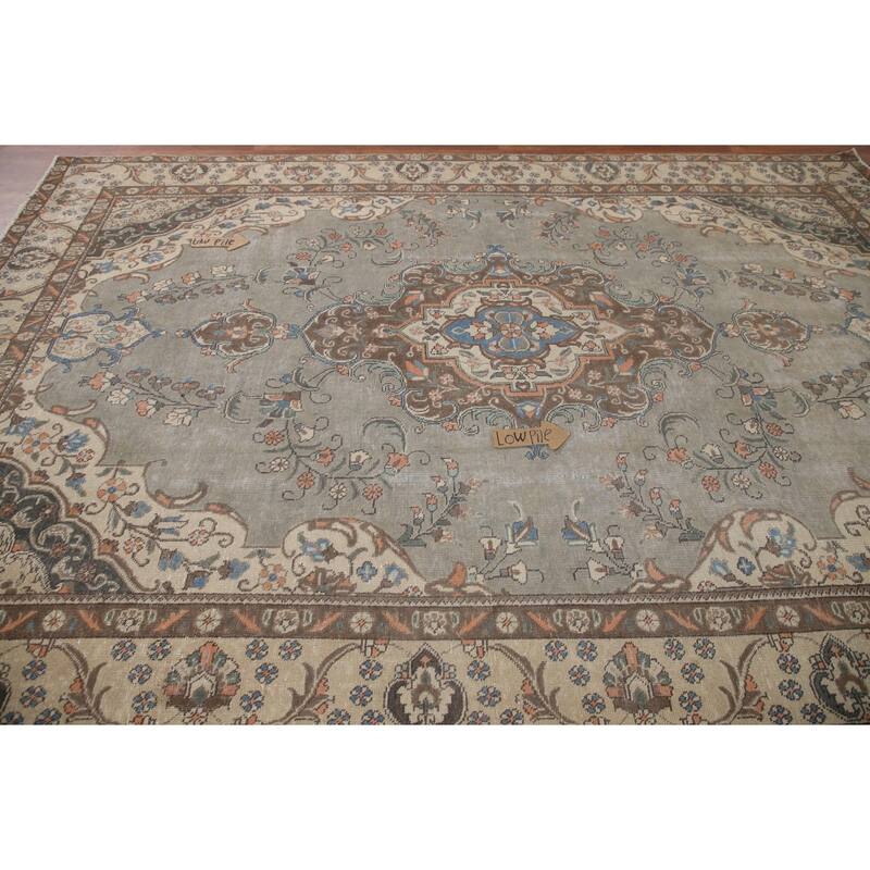 Hand Knotted Oriental 100% Wool Carpet Traditional Medallion Greys & Charcoal Tabriz Area Rug - 10' 9'' X 7' 2''