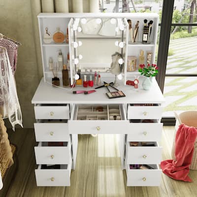 3-Mirror Vanity Table Stylish 9-Drawer Makeup Organizer Dressing Desk