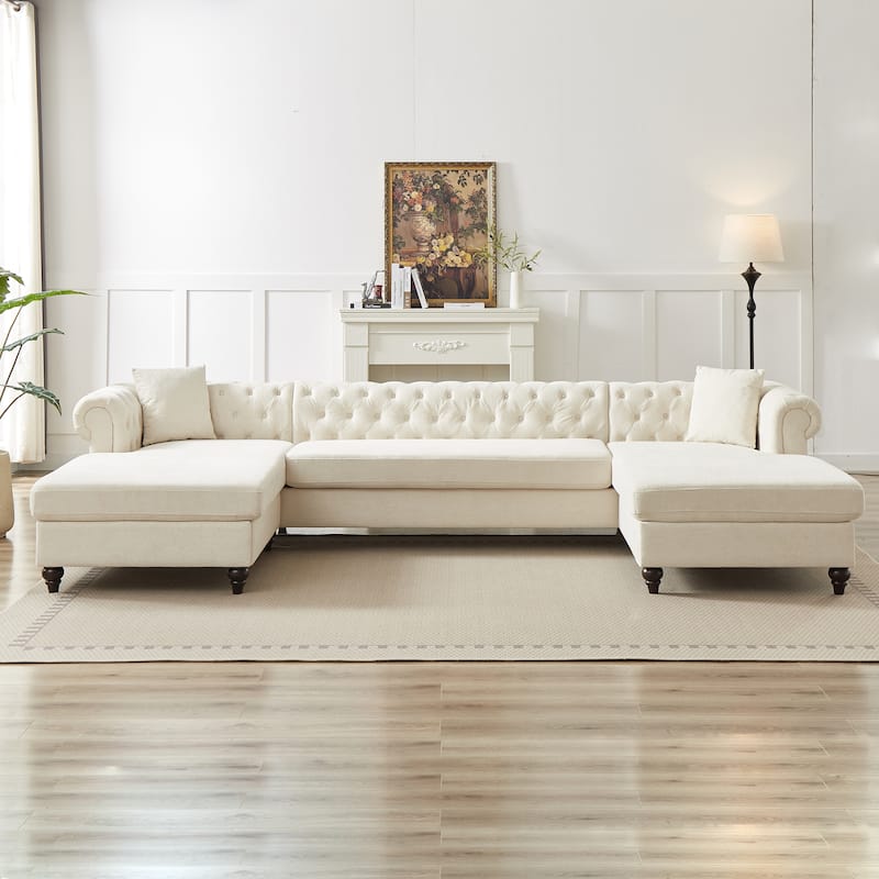 Chenille U-Shaped 5-Seater Sofa with Pull Point Design and Wooden Legs