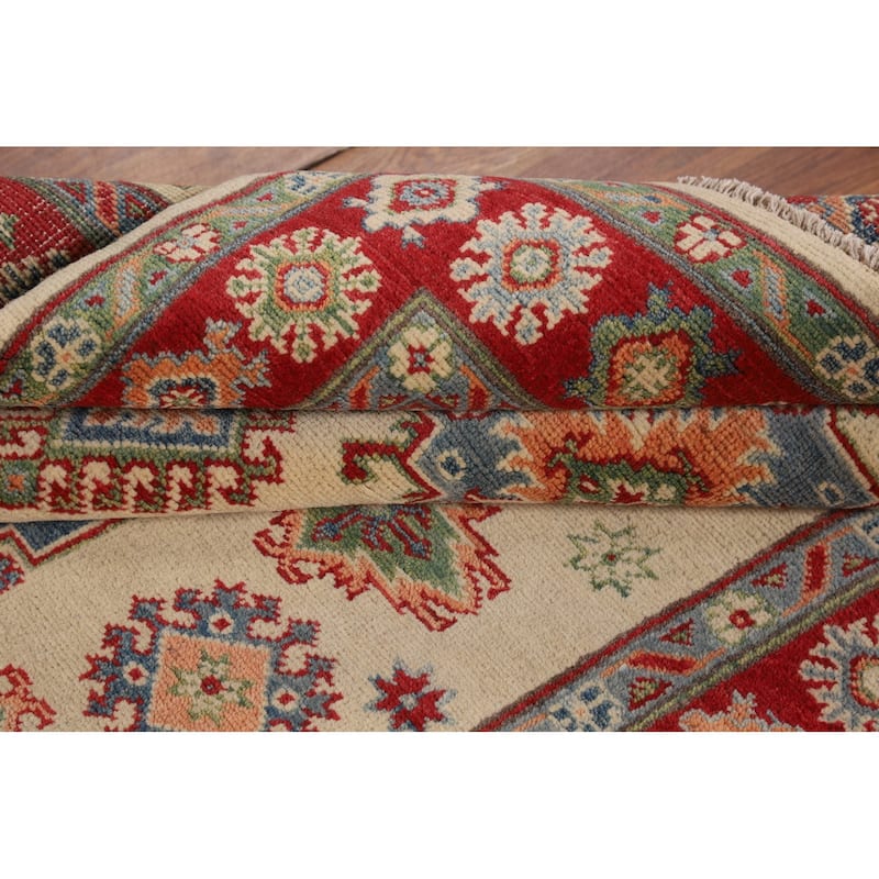 Red Geometric Kazak Area Rug Handmade Oriental Wool Carpet - 4'0" x 6'0"