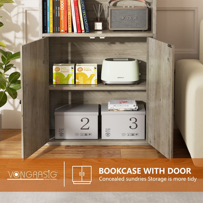 Farmhouse 6-Tier Open Bookcase and Bookshelf with Doors