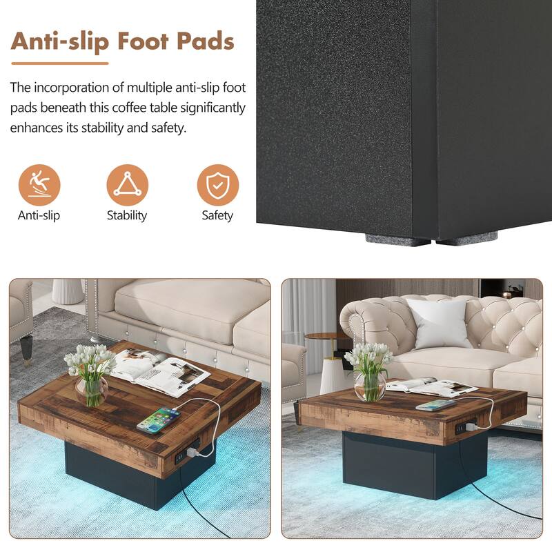 Farmhouse Coffee Table with 2 USB Ports and Outlets, Brown Spliced Wood Grain Center Table with LED Light