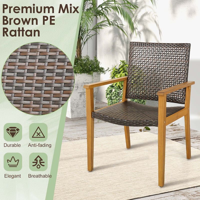 Set of 4 Outdoor Patio Dining Chairs Acacia Wood Rattan Armchairs