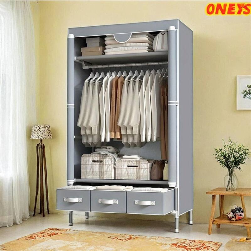 Portable Clothes Closet Rolling Door Wardrobe with Hanging Rack