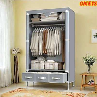 Portable Clothes Closet Rolling Door Wardrobe with Hanging Rack