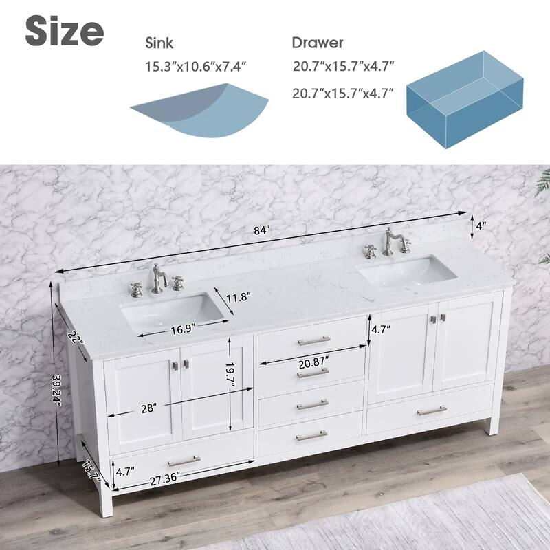 OpalithD 84 in. Bathroom Vanity with Double Sinks, Wood Bath Cabinet with Top