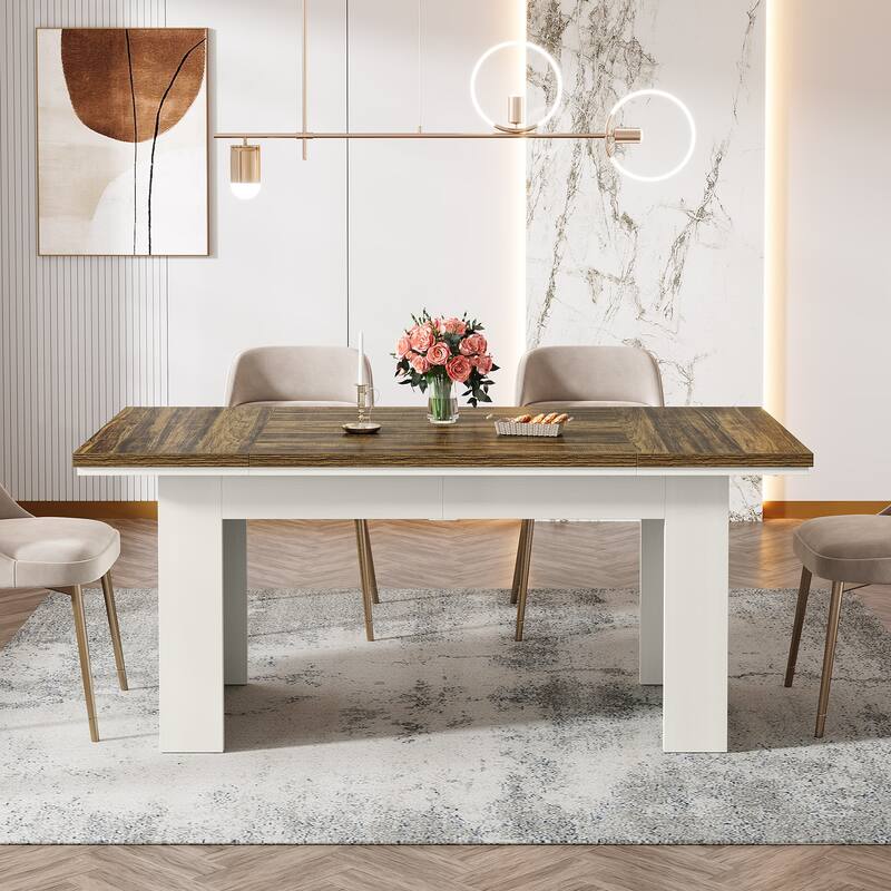 63" Dining Table for 4-6 People, Farmhouse Dining Room Table Rectangle Kitchen Table - Brown/White