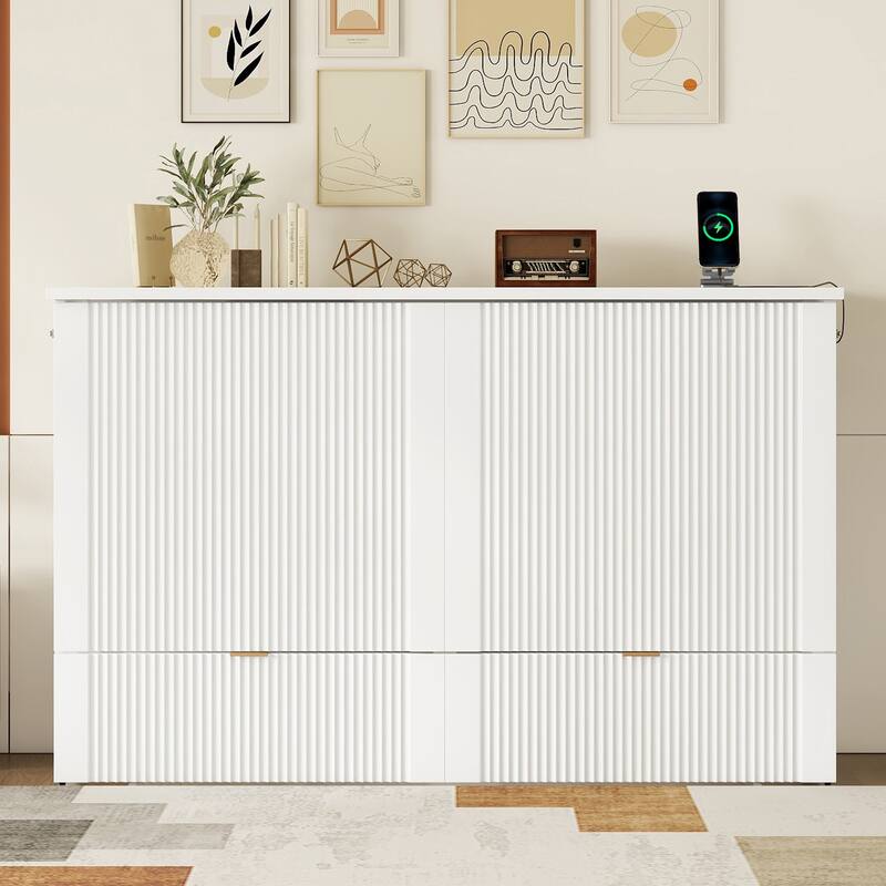 Murphy Bed Wall Bed with drawer and a set of Sockets & USB Ports, Pulley Structure Design - White
