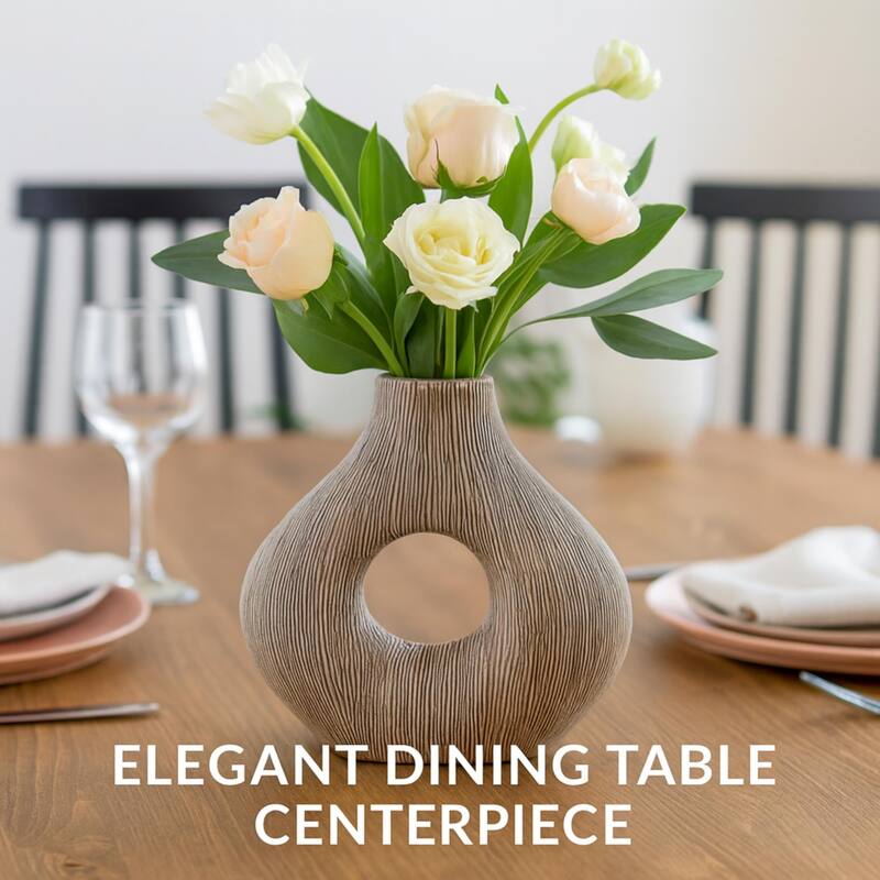 Eternity White Striped Textured Polyresin Vase Modern Table Decor