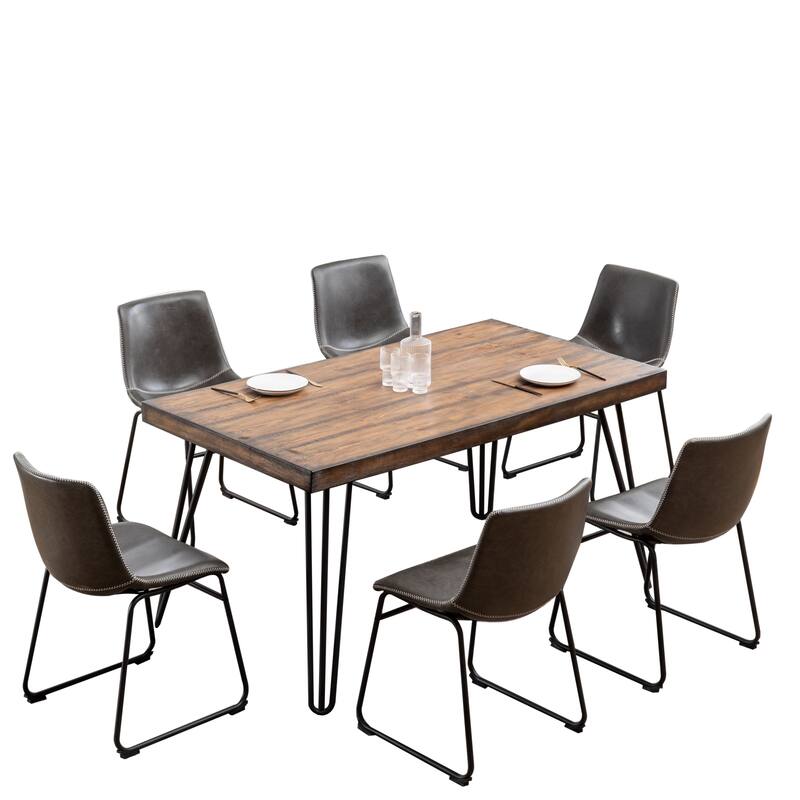 7-Piece Industrial Retro Dining Table and Chair Sets with Metal Legs and Rubber Footpads for Lofts Kitchens Dining Rooms