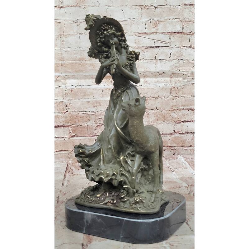 Bronze Girl Playing Flute With Deer On Marble Base By Aldo Vitaleh