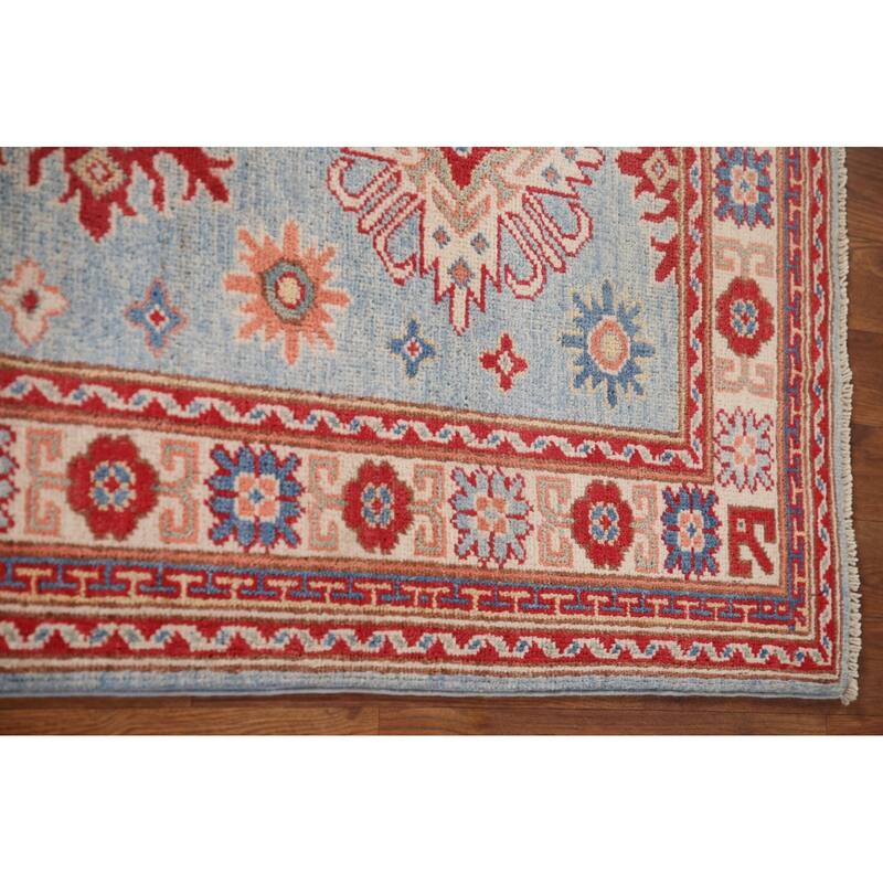Light Blue Geometric Kazak Runner Rug Hand-Knotted Wool Carpet - 2'8" x 6'6"