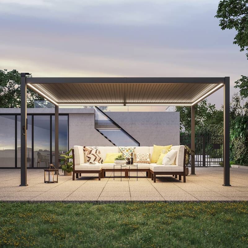 Outdoor Metal Solar LED Louvered Pergola with Adjustable Roof - 12' x 14' - Grey