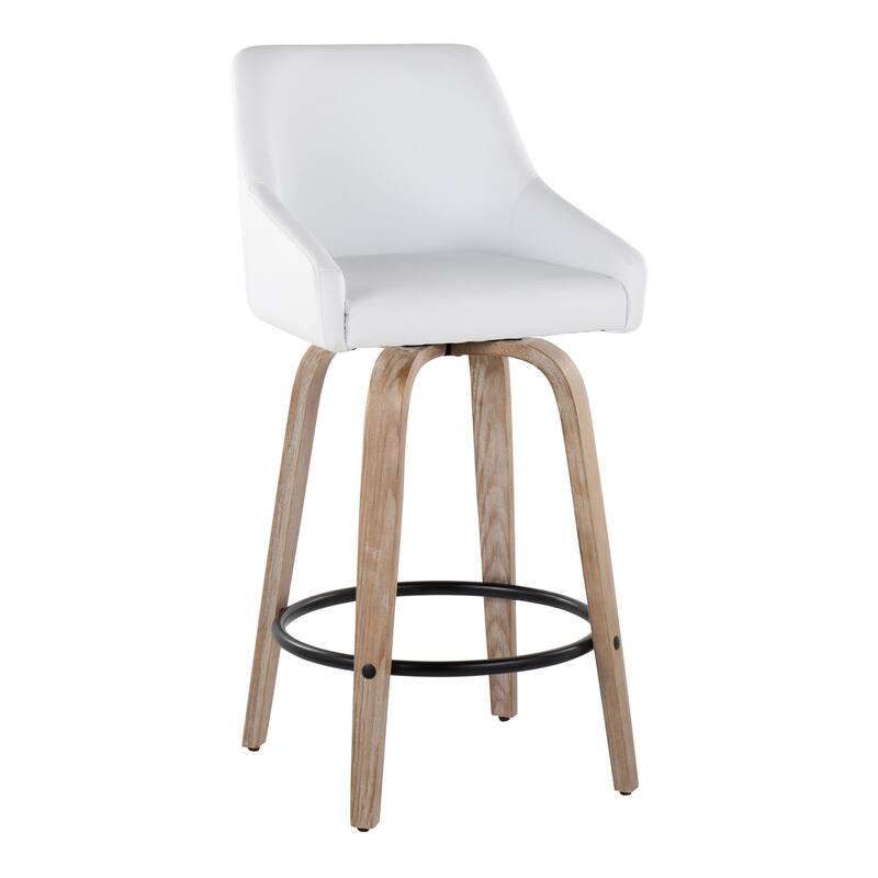 The Gray Barn Hadley 26" Fixed-Height Upholstered Counter Stool with Bent Wood Legs & Round Footrest (Set of 2) - White Faux Leather/Whitewashed/BlackMetal