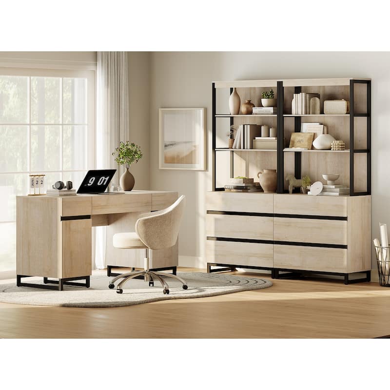 WAMPAT 59" Executive Desk with Charging Station & Storage Cabinet + 72" Tall Bookcase with 6 Drawers.