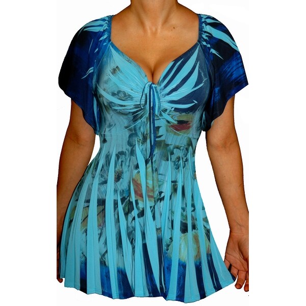 Funfash Plus Size Blue Floral Slimming Empire Waist Womens Top Shirt Blouse