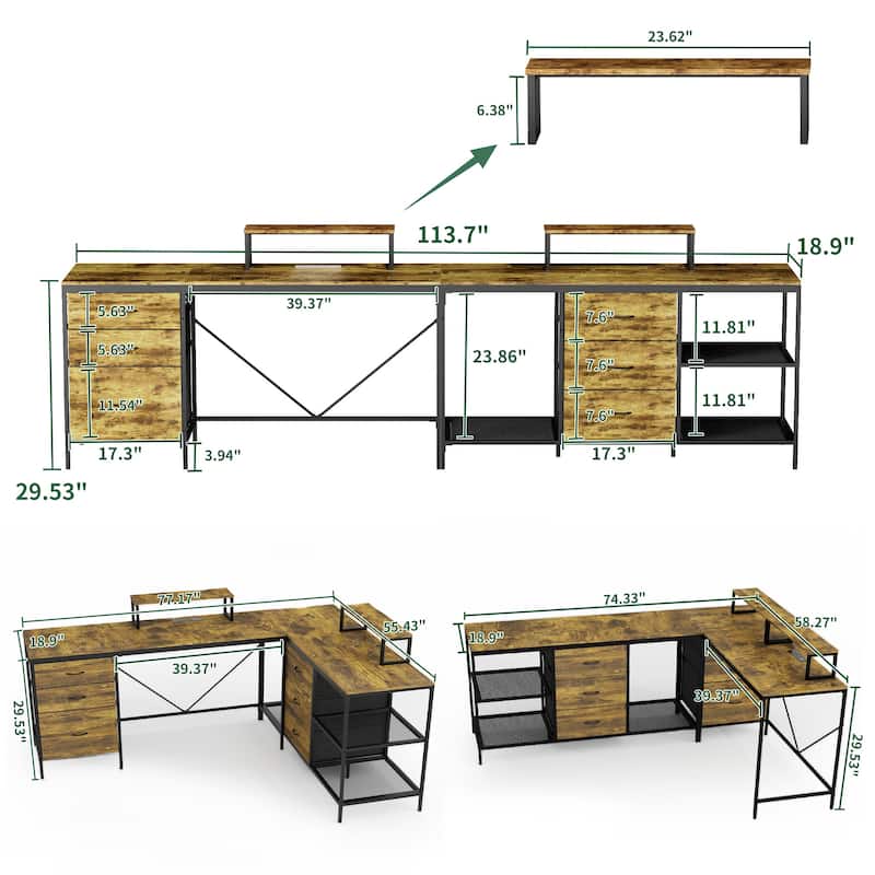 113.8" L-Shaped Desk with Power Outlets & USB-C & 6 Fabric Drawers