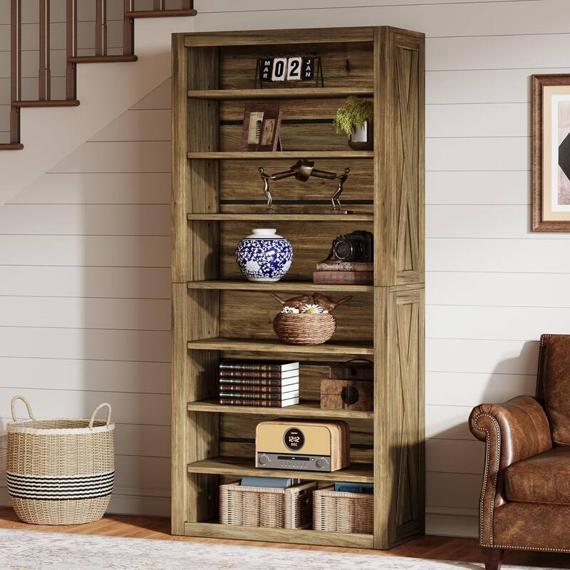 70.59 Inches Brown Wood Bookshelf with Adjustable Shelves, 8-Tier Large Bookcase for Living Room