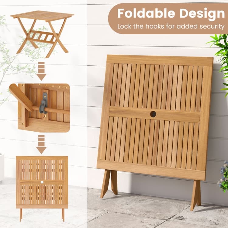 Natural Acacia Wood Square Folding Patio Table with Umbrella Hole - 36" x 36" x 29.5"