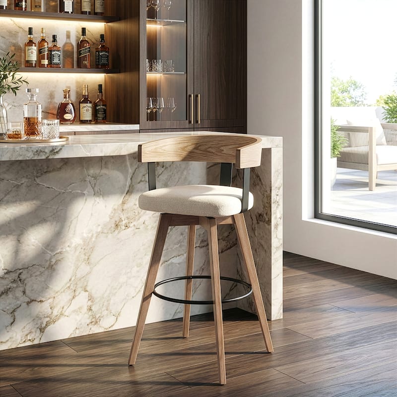 Beck Beige Linen Fabric Bar Stool with Natural Wood Backrest and Legs
