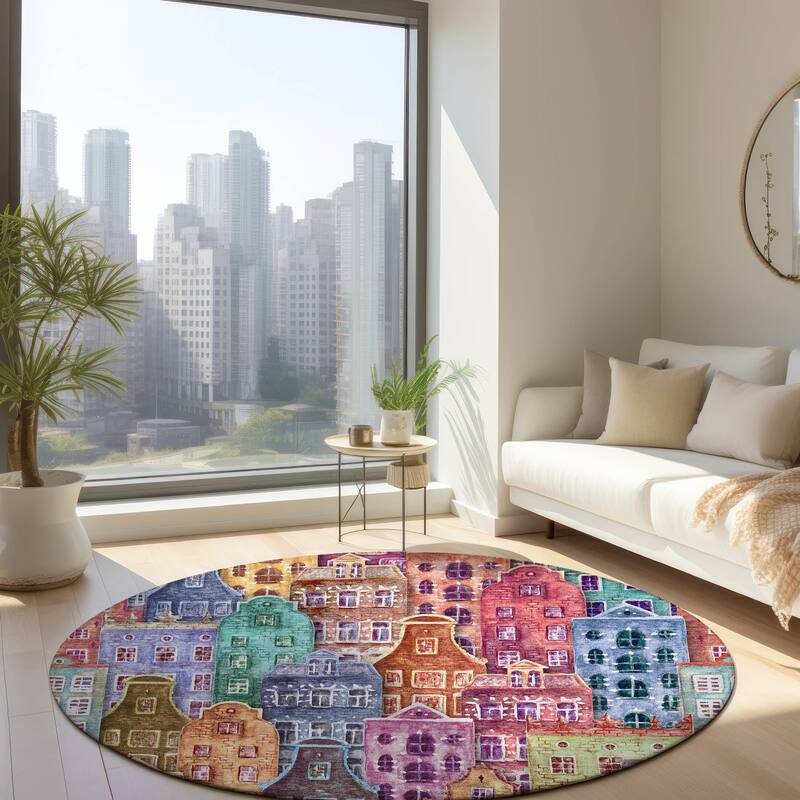 Machine Washable Indoor/ Outdoor Chantille Modern City Rug - Red - 8' x 8'