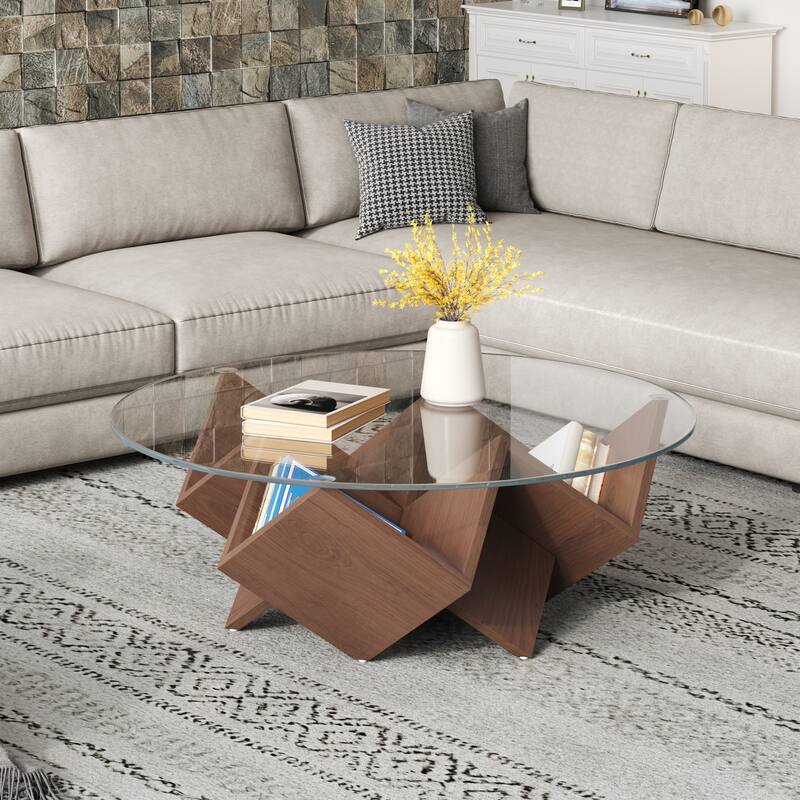 The Round Coffee Table with Glass Top and Geometric Abstract Art Deco Base Storage Shelves, Walnut, 35.4"