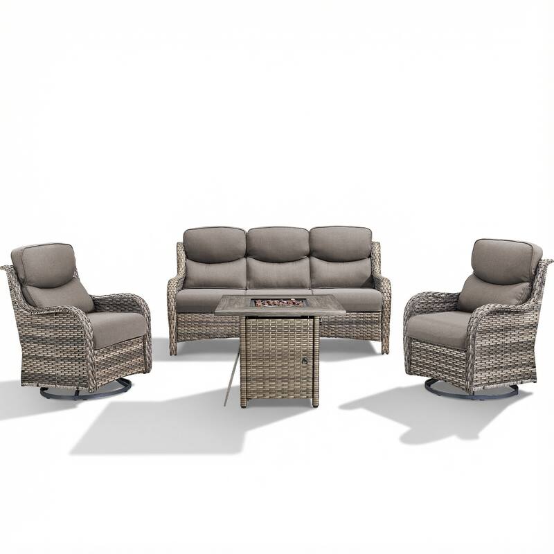 Pocassy Outdoor Propane Fire Pit Table with Sofa Swivel Chair Funiture Set.