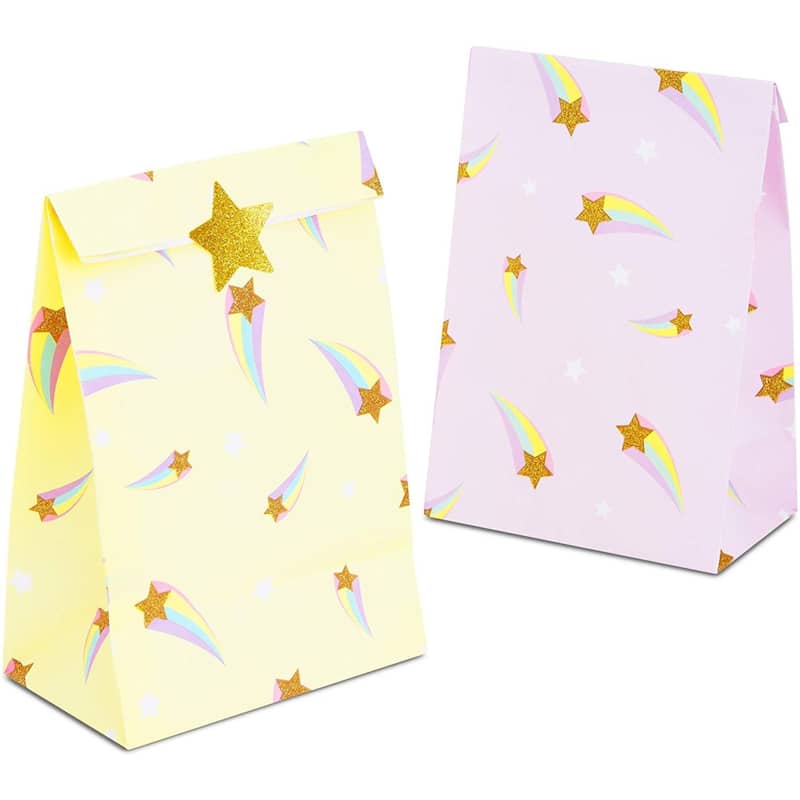 Blue Panda Rainbow Birthday Party Favor Gift Bags with Gold Foil Stickers (8.5 In, 24 Pack)