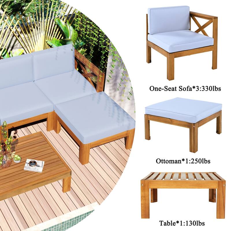 Wooden 5-Piece Sectional Patio Seating Set with Cushions & Tea Table, UV & Water Resistant