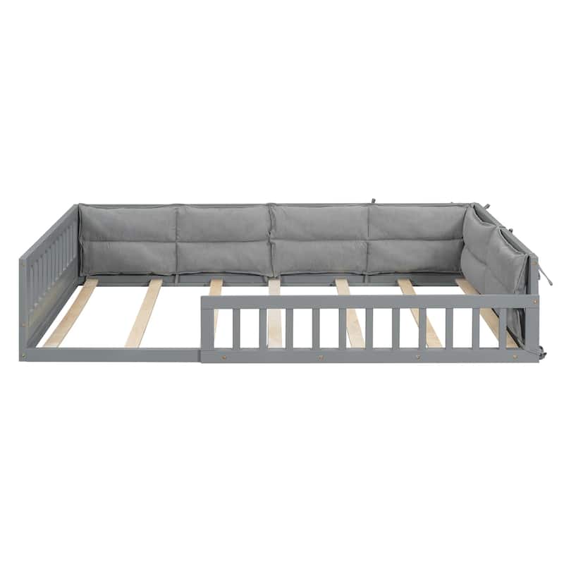 Wood Full Size Upholstered Platform Bed with Guardrail and Pillow